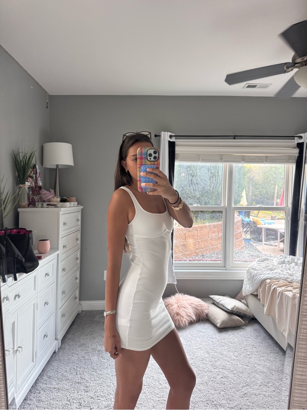 White Ribbed Square-Neck Bodycon Dress - Picture 3 of 5